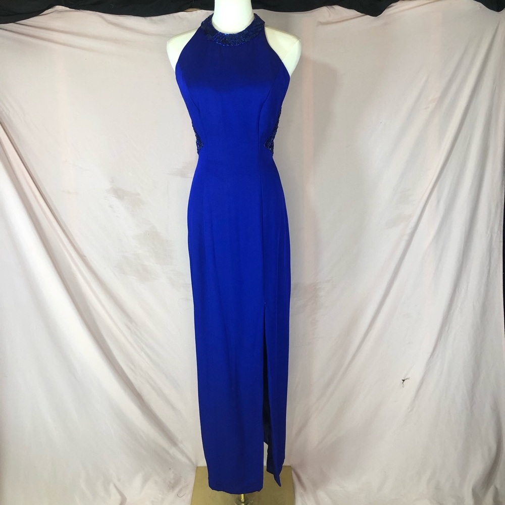 Dave & Johnny Cobalt Blue Halter Maxi Gown Size Small 3/4